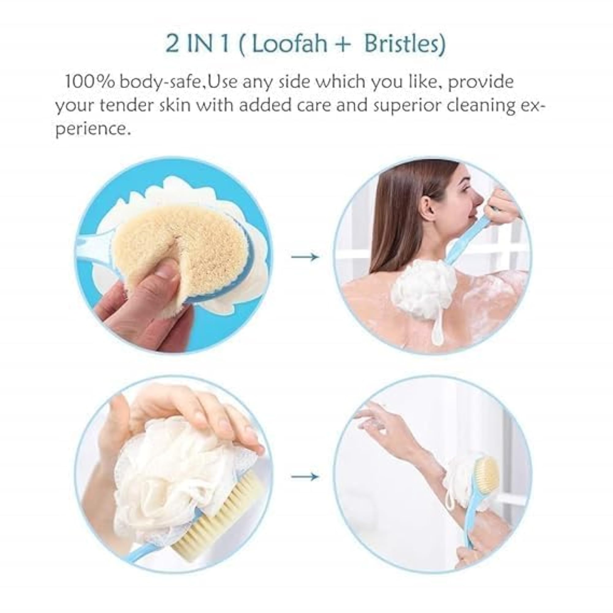 Multicolor 2-in-1 Long Handle Body Brush, Loofah & Bristle